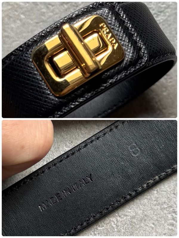 Prada Saffiano Leather Logo Belt Bracelet Turnlock Black Gold Women's Size S