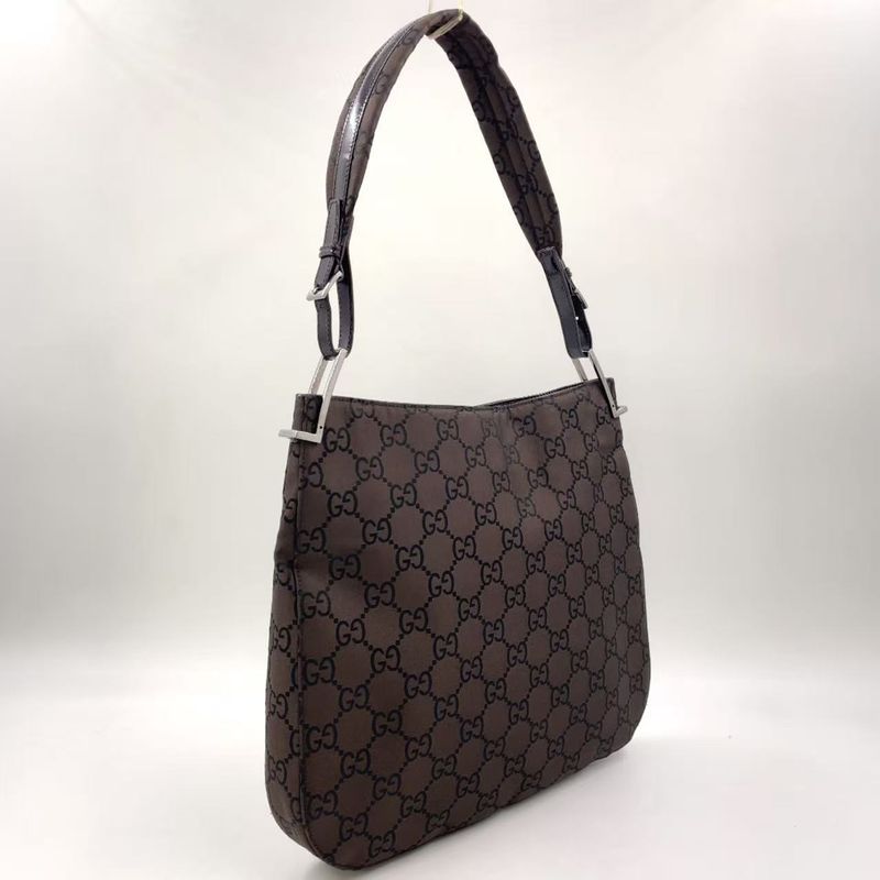 Gucci GG Canvas Leather X Canvas Gray Brown Shoulder Bag Silver 001 3166