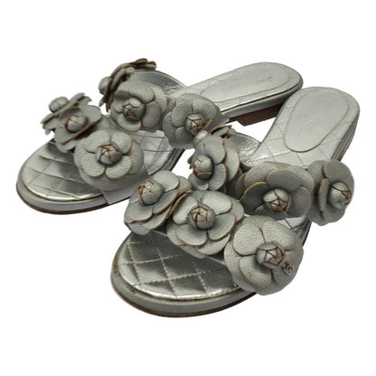 Chanel Camellia Flower Mule Sandals Silver 35