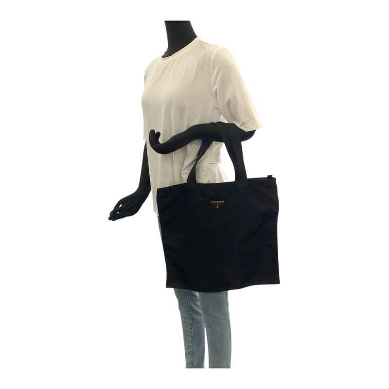 Prada Tessuto Triangle Logo Plate Black Gold Hardware Nylon Tote Handbag Ladies
