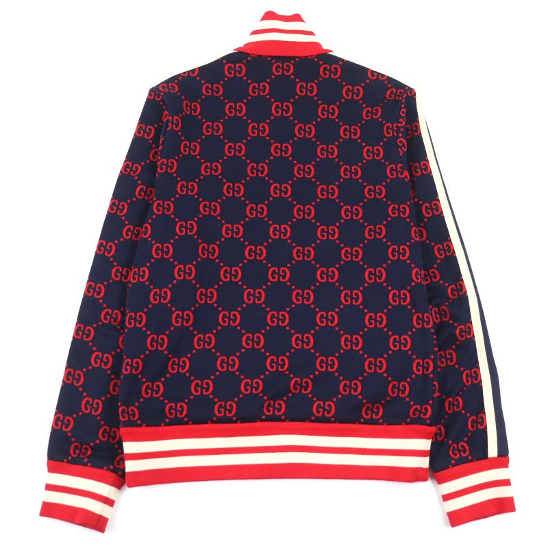 Gucci 496919 100% Cotton GG Jacquard Logo Zip Sideline Track Jacket Navy Red