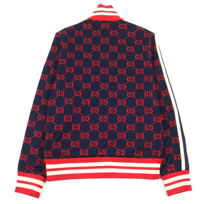 Gucci 496919 100% Cotton GG Jacquard Logo Zip Sideline Track Jacket Navy Red