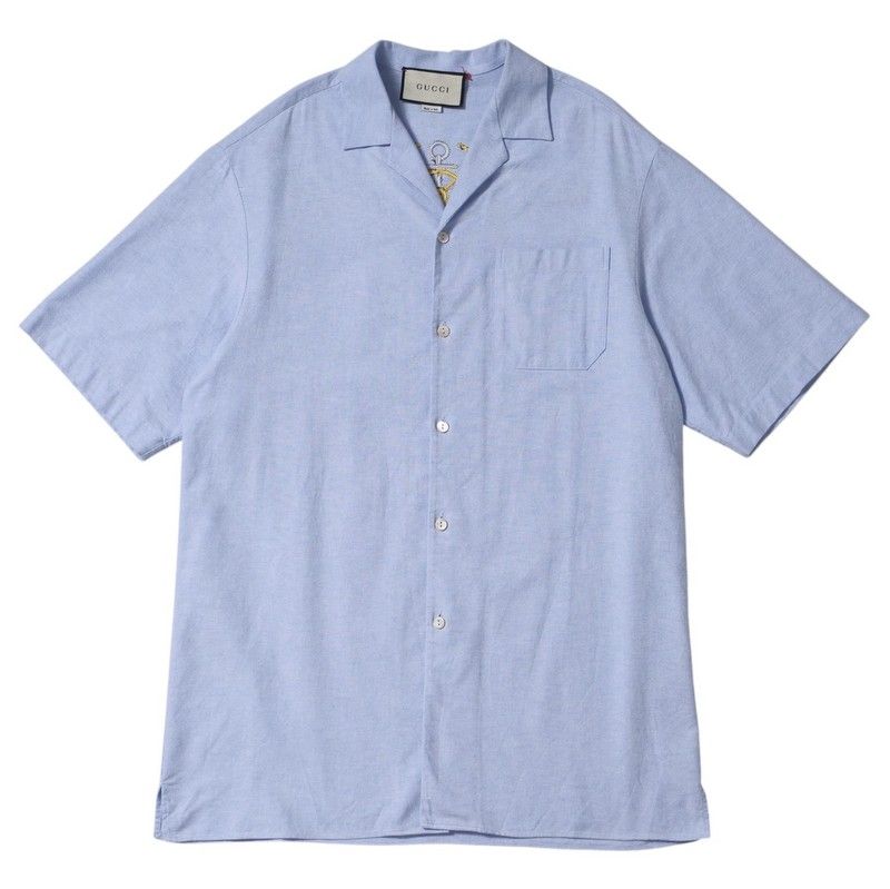 Gucci Short Sleeve Shirt Size 46 Open Collar Cotton Embroidered Blue Made In