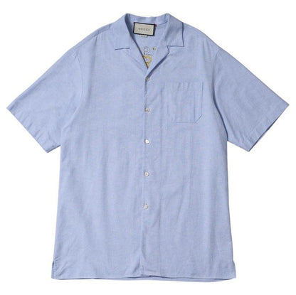 Gucci Short Sleeve Shirt Size 46 Open Collar Cotton Embroidered Blue Made In