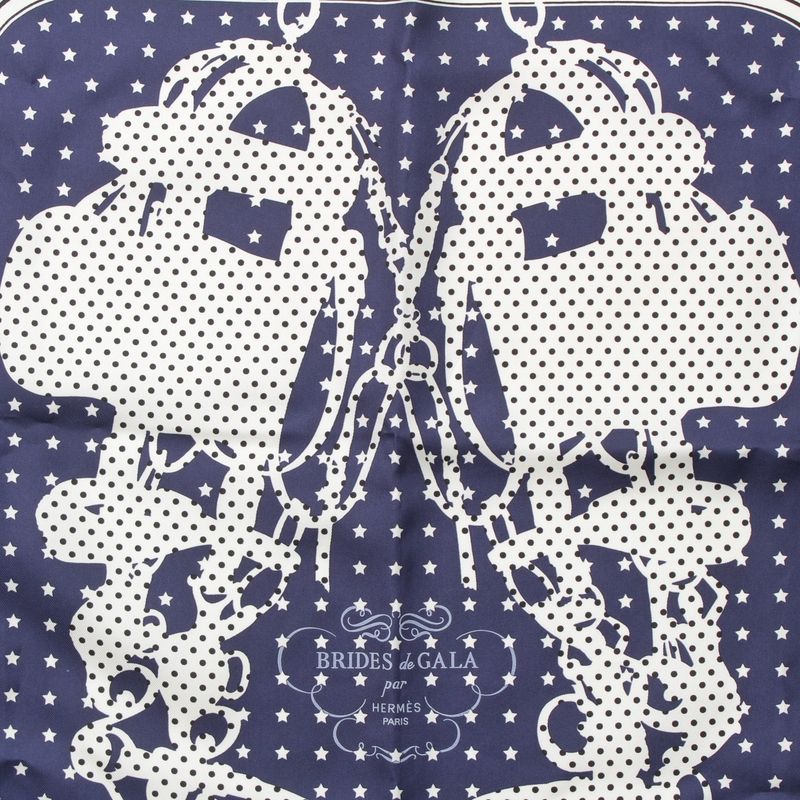 Hermes Carre 65 Brides De GALA Ceremonial Horse Maitre D'oeil Ruffled Scarf Navy