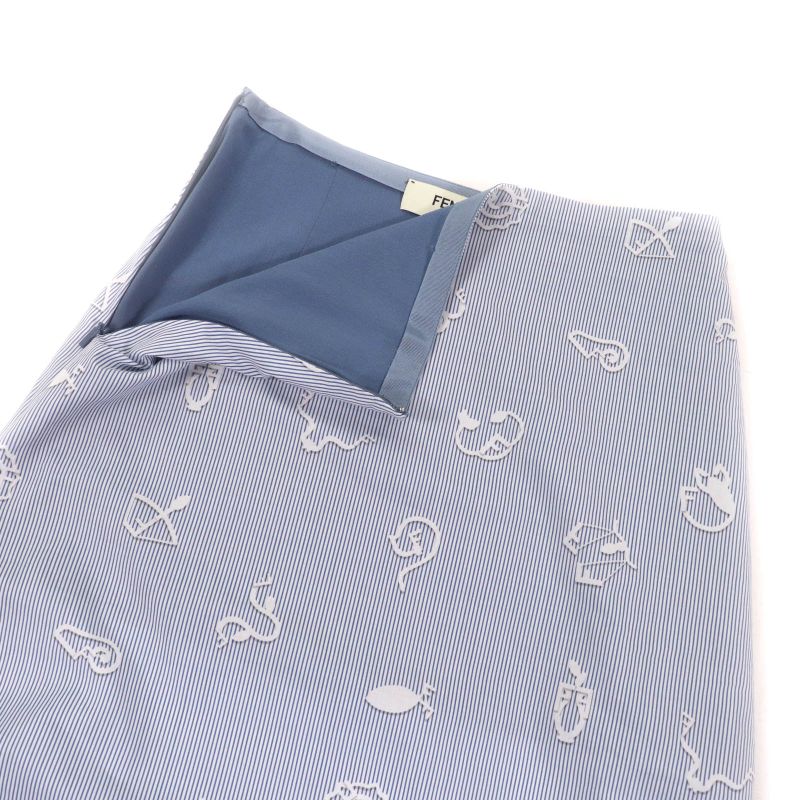 Fendi 2023 Fq7486 100% Cotton Logo Ribbon Side Slit Striped Long Skirt White