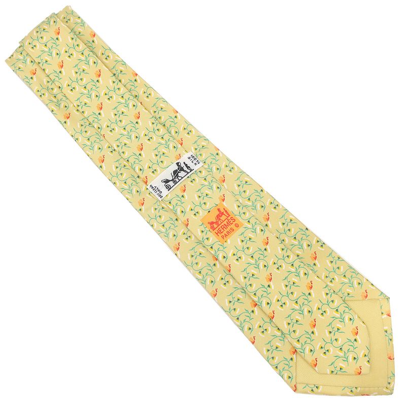 Hermes Tie Botanical Pattern 9cm (3.54in) Silk Yellow and Gmulticolor Yellow
