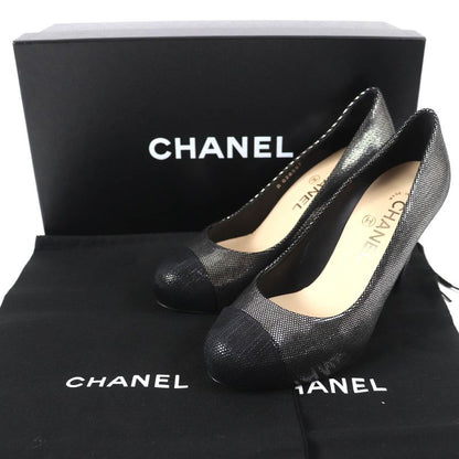 CHANEL G28557 Coco Mark Rhinestone Metallic Leather Cap Toe Platform Pumps