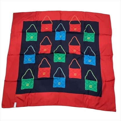 Chanel CC Logo Quilted Vintage Bag Pattern Large Scarf Silk 100% Red Black