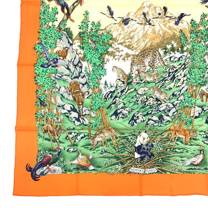 Hermes Carre 90 Sichuan Orange And Multicolor Silk Scarf