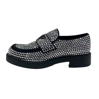 Prada Loafers Leather Shoes Satin Black Crystal Rhinestone Logo Plate Men's