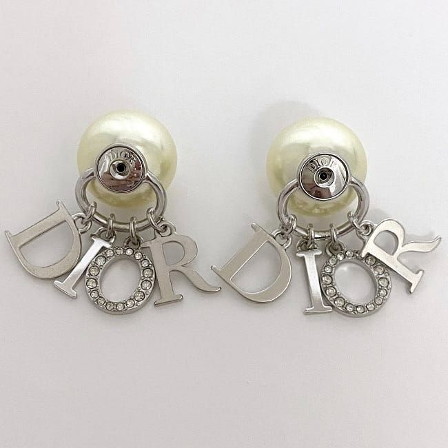 Christian Dior Logo Earrings Silver Pearl White Excellent Condition