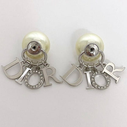Christian Dior Logo Earrings Silver Pearl White Excellent Condition