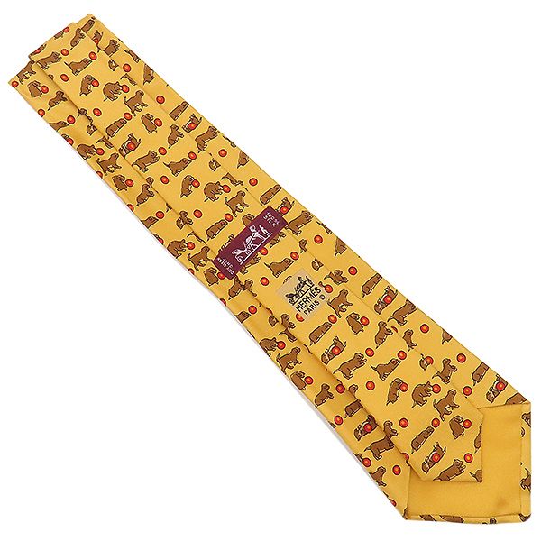 Hermes Necktie 9cm (3.54in) Silk Yellow Dog Ball All Over Animal Pattern [box