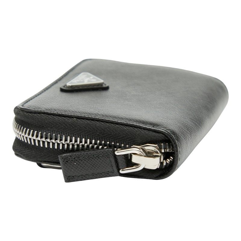 Prada Triangle Logo Plate Coin Case Card Case Shoulder Wallet Black Saffiano
