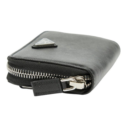 Prada Triangle Logo Plate Coin Case Card Case Shoulder Wallet Black Saffiano