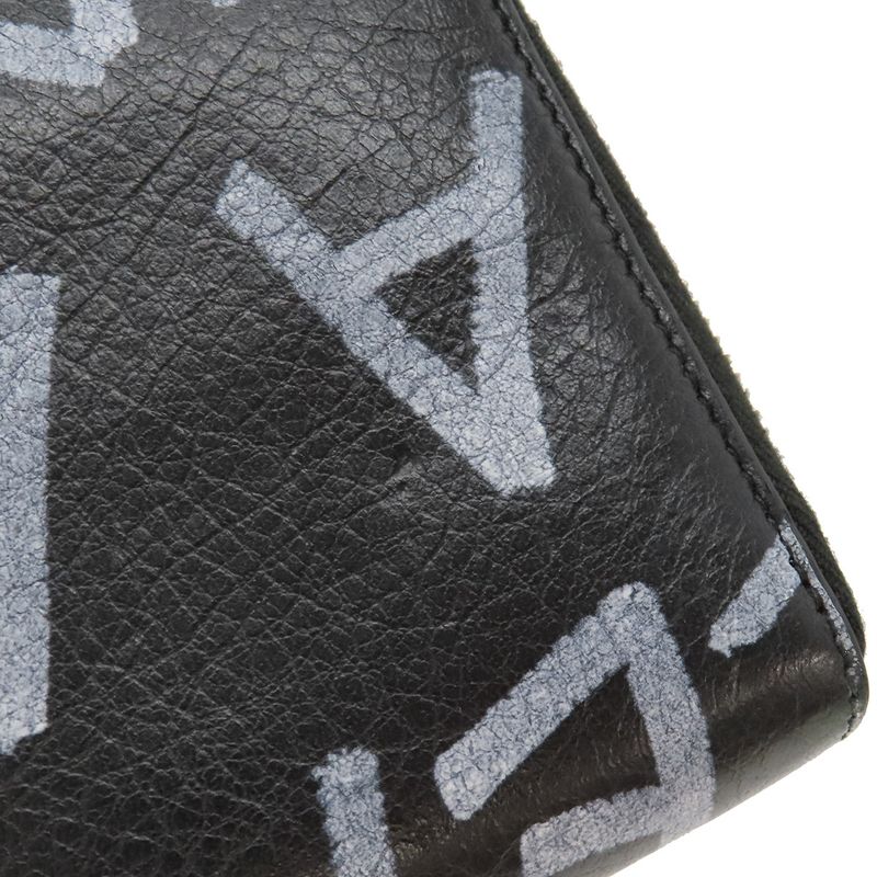 Balenciaga Long Wallet Round Zipper Graffiti Leather Black Silver Hardware