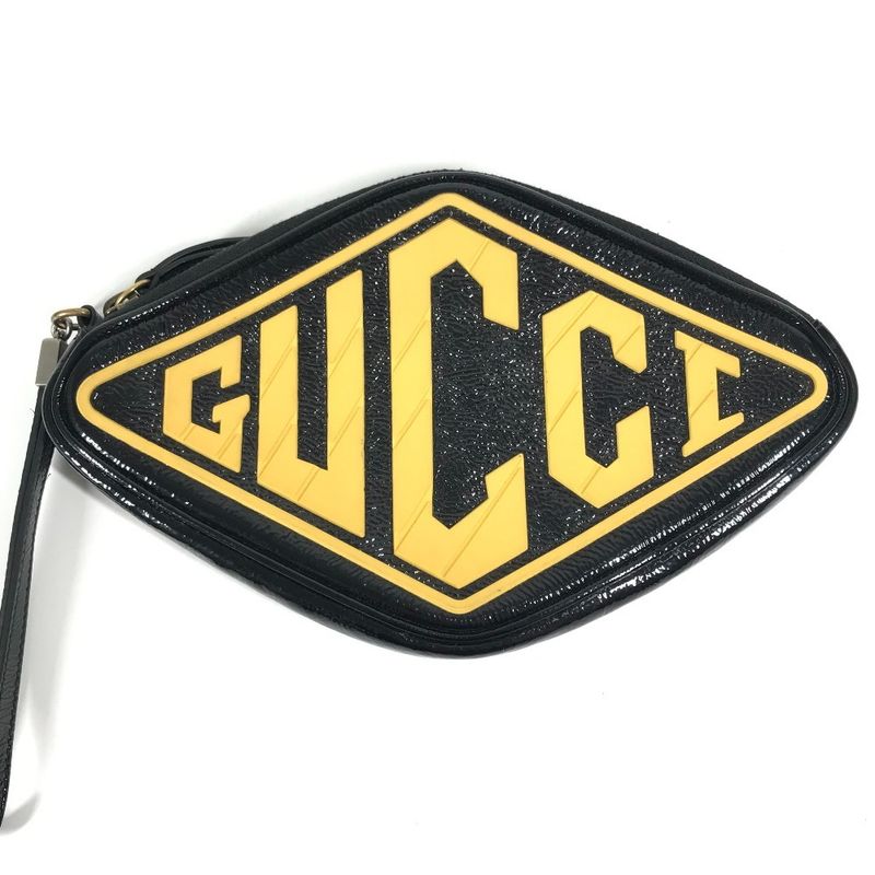 Gucci Clutch Bag Game List Logo 524316 Patent Leather Black