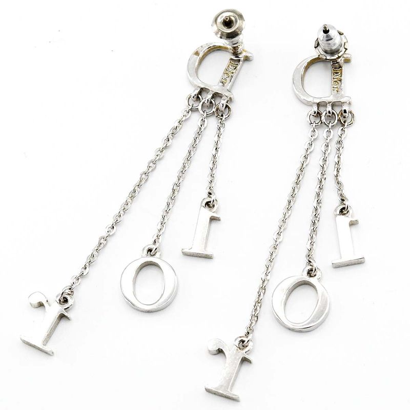 Christian DIOR Earrings Logo Rhinestone Approx 4.8g Silver Color Ladies