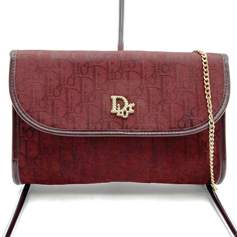 DIOR Trotter Canvas Chain Shoulder Bag Pouch Red Vintage Women's