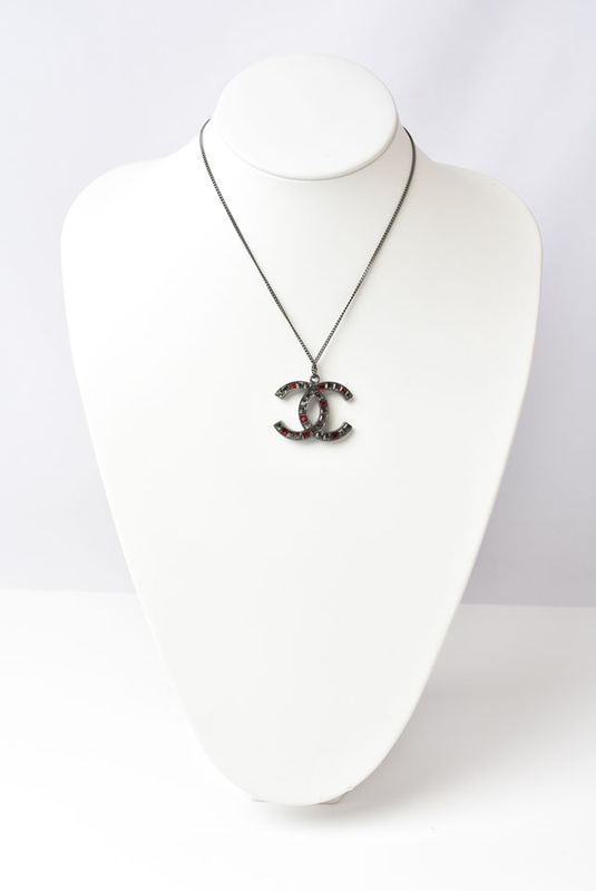 Chanel Necklace Pendant Rhinestone Gunmetal Red
