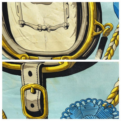 Hermes Frontaux Et Cocardes Carré 90 Sky Blue Light Green Silk Scarf Large