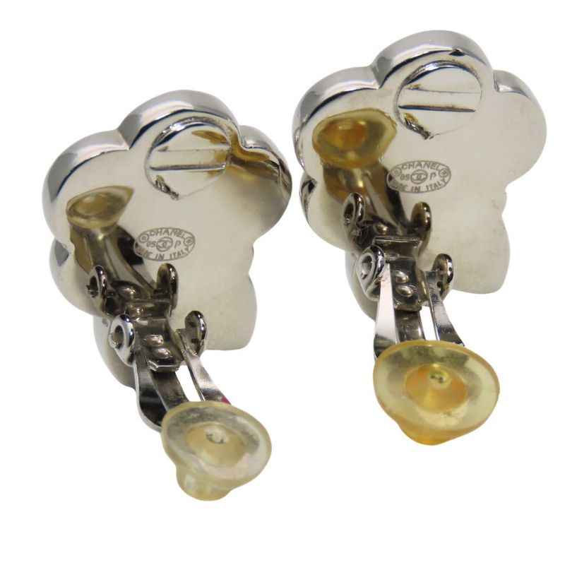 Chanel Earring Coco Mark Metal Silver Black Cream Camellia 05P Accessories