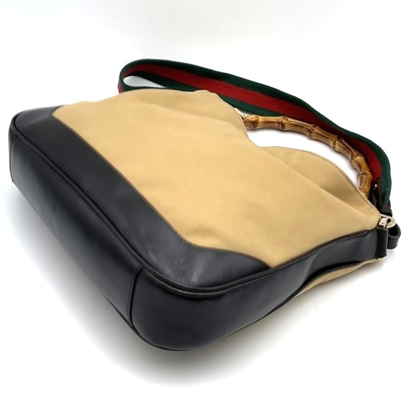 Gucci 001 4095 Handbag Shoulder Bag 2way Bamboo Sherry Line Beige Canvas