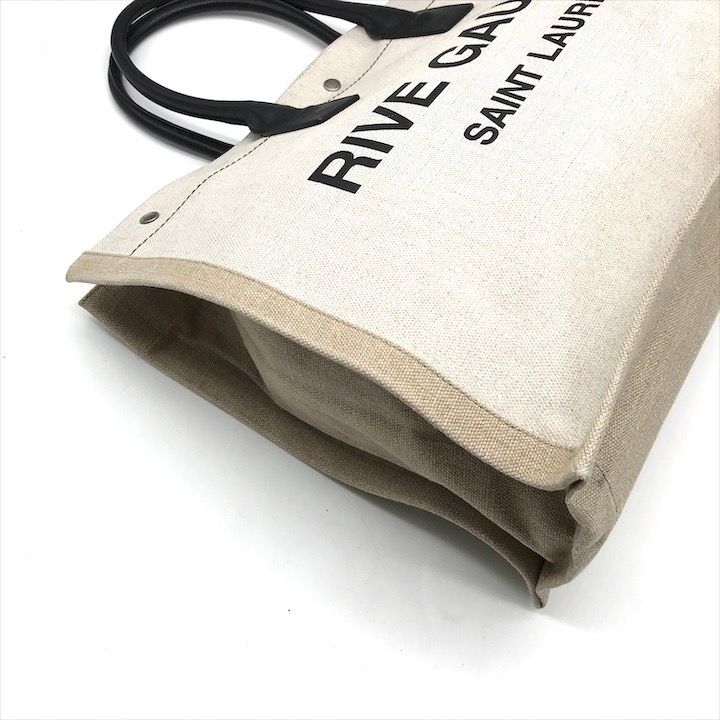 Saint Laurent Rive Gauche Canvas Leather Tote Beige Large Capacity Travel