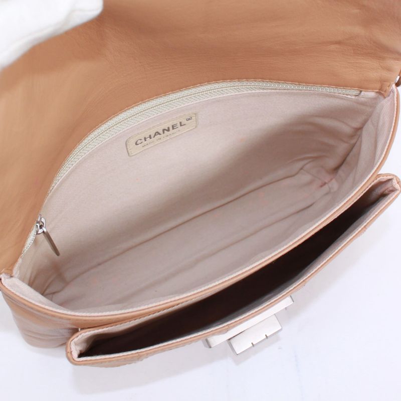 Chanel 255 Chocolate Bar Lambskin Beige Shoulder Bag Silver