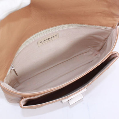 Chanel 255 Chocolate Bar Lambskin Beige Shoulder Bag Silver