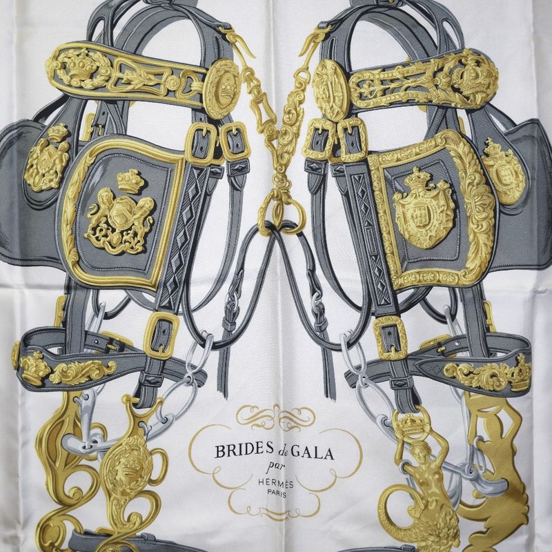 Hermes Carre 90 Brides De GALA Silk White Women's Scarf