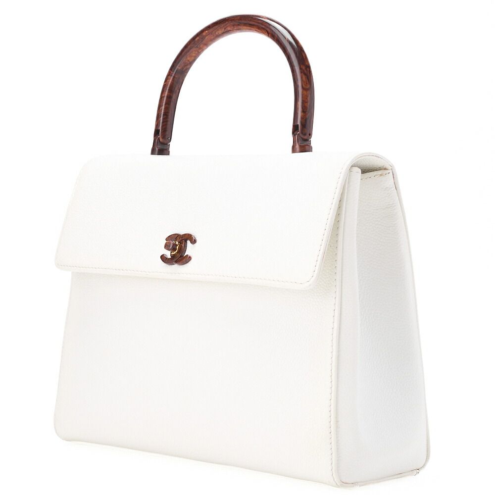 Chanel Handbag Turnlock Kelly Shape Wood Pattern Caviar Skin White With Gold