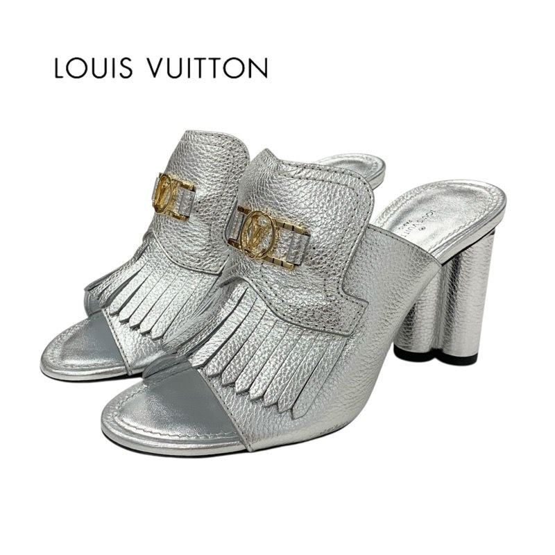 Louis Vuitton Indiana Line Sandals Shoes Leather Metallic Silver Gold LV Logo