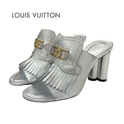 Louis Vuitton Indiana Line Sandals Shoes Leather Metallic Silver Gold LV Logo