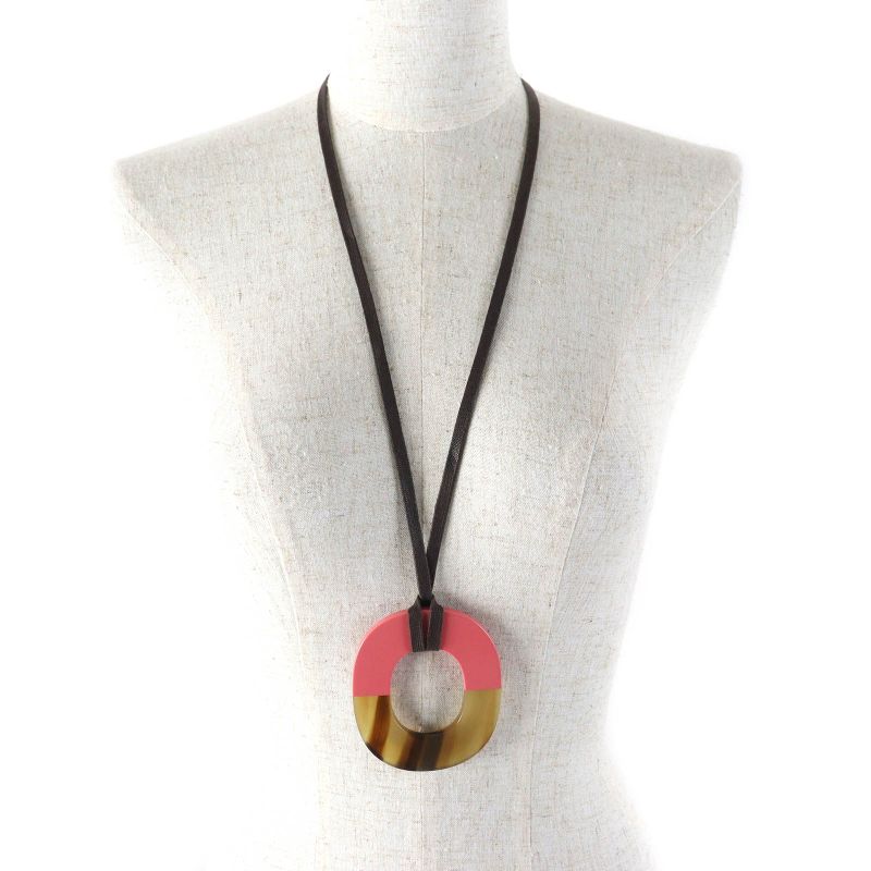 Hermes Ism Bicolor Pendant Necklace Buffalo Horn Lacquer Wood Beige Pink Ladies