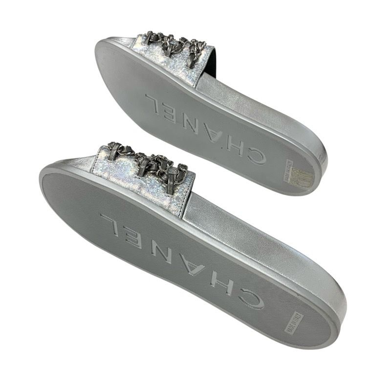 Chanel Sandals Shoes Leather Silver Coco Mark Chain Flat Mule