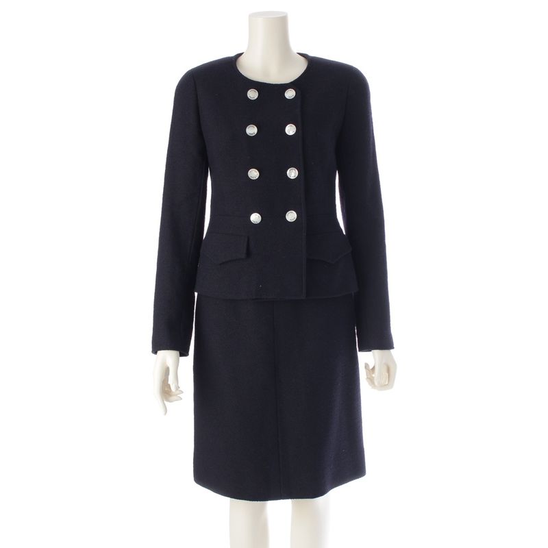 Chanel 97P Wool And Nylon Collarless Jacket Skirt Set-up P07187v05407 Navy 36