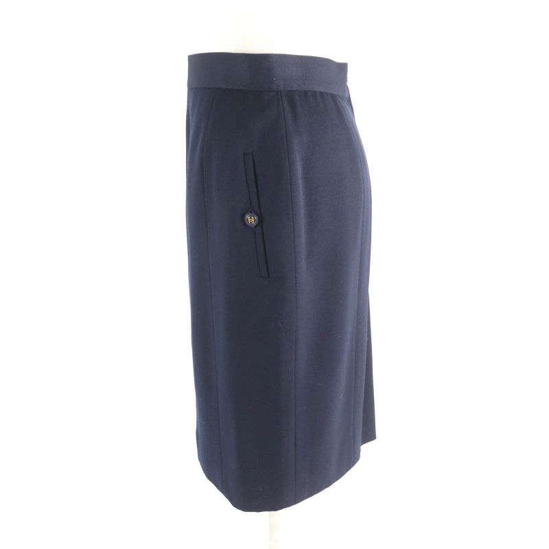 CHANEL Vintage P04471 100% Wool 90s Tight Skirt With Coco Mark Buttons Navy 38