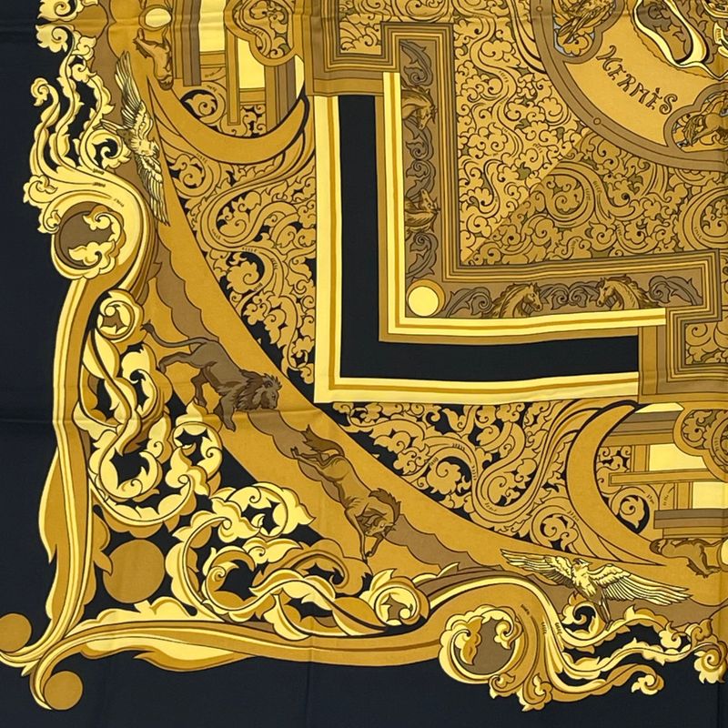 Hermes Carree 90 Animaux Solaires Animals Of The Sun Scarf Gold And Black