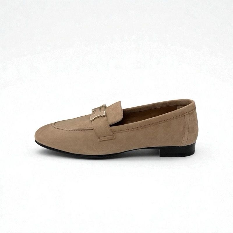 Hermes Paris Loafer Leather Shoes Suede Beige Unused Hhardware Moccasin Flat