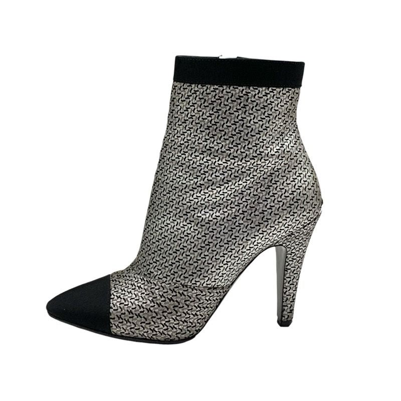 Chanel Boots Short Boots Shoes Fabric Leather Silver Black Logo