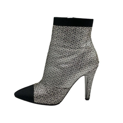 Chanel Boots Short Boots Shoes Fabric Leather Silver Black Logo