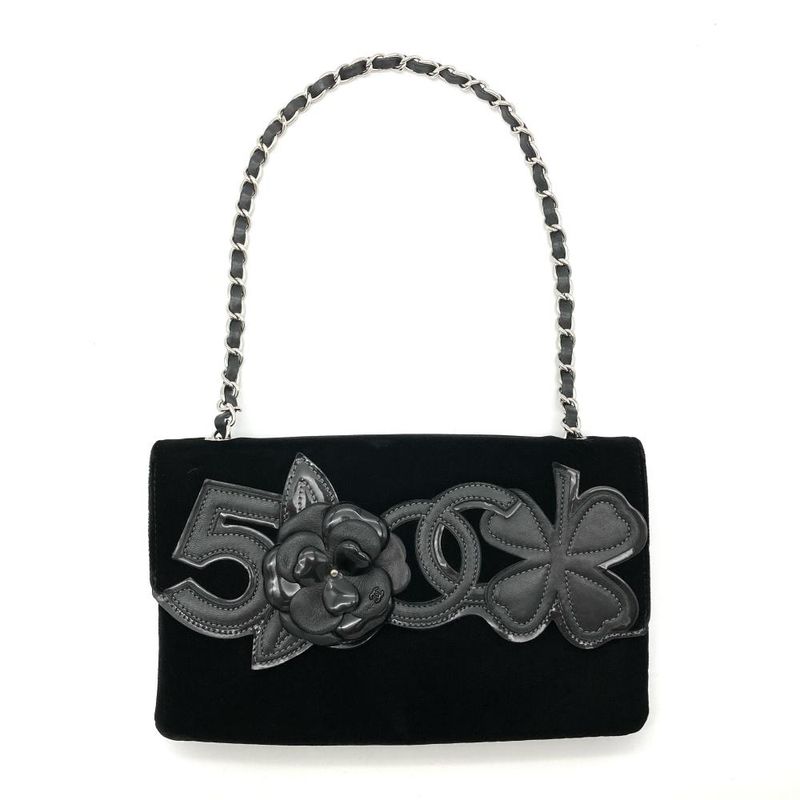 Chanel Camellia No5 Clover Shoulder Bag Velvet Black Coco Mark Chain Shoulder