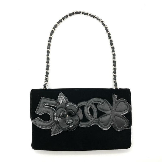 Chanel Camellia No5 Clover Shoulder Bag Velvet Black Coco Mark Chain Shoulder