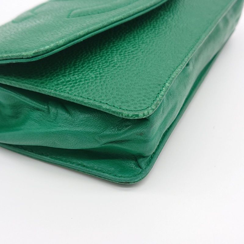 Vintage Chanel Pouch Caviar Skin Green Coco Mark With Sticker