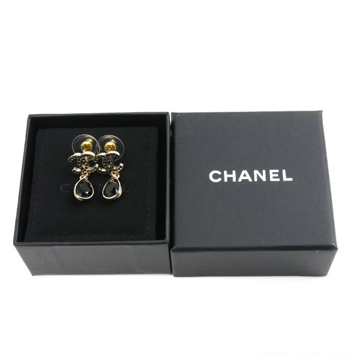 Chanel Metal Coco Mark Black Stone Earrings Ladies Pre-owned