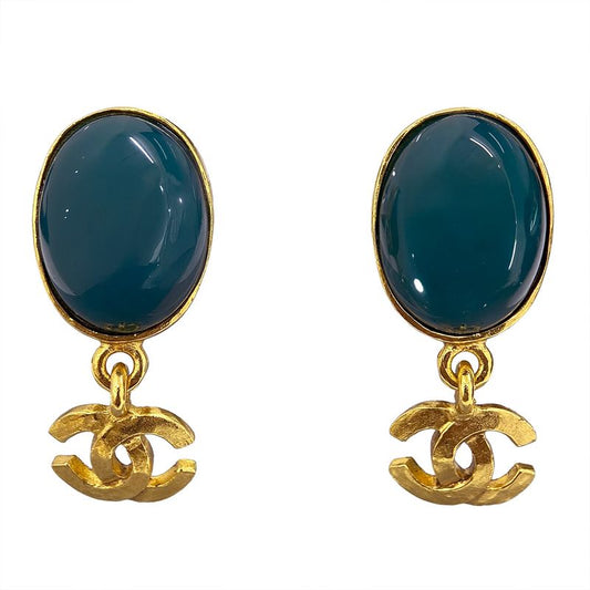 Chanel Coco Mark Earrings Green Stone Earrings