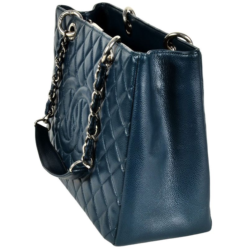 Chanel GST Chain Tote Bag Caviar Skin Blue Silver Hardware 17th Unit Coco Mark