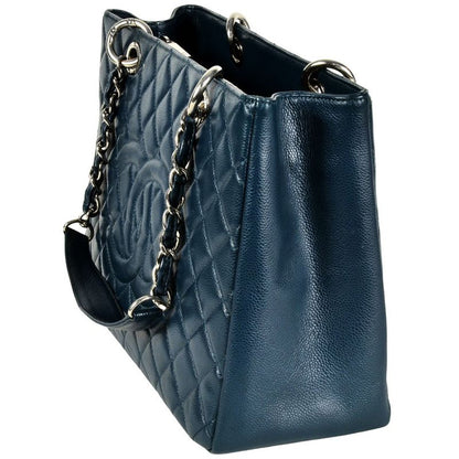 Chanel GST Chain Tote Bag Caviar Skin Blue Silver Hardware 17th Unit Coco Mark